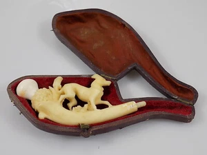 ALTE JUGENDSTIL MEERSCHAUMPFEIFE JAGDHUND JAGDMOTIV PIPE TABACK 20.JHD - Picture 1 of 9