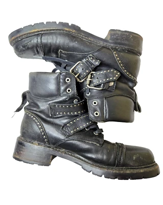Frye Samantha Studded Belted Black Leather Biker Boots Womens 9 B - Image 1 of 4