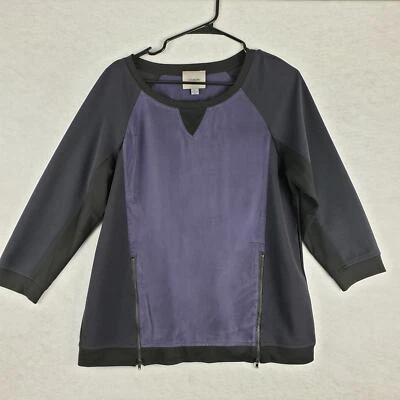 I. Madeline Women's L Double Zipper Colorblock Crewneck Sweatshirt Black Blue - Image 1 of 4