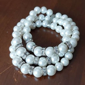 Triple Row Faux Pearls And Rhinestone Spacers Stretch Bracelet - Picture 1 of 8