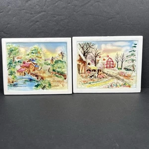 Vintage Porcelain Hand Painted Tile Plaques Unframed Thin Porcelain Farmhouse - Picture 1 of 12