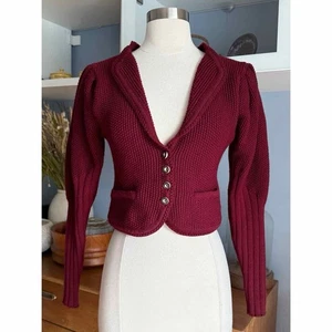 Vintage Wiko Trachten Austrian Wool Cropped Sweater Cardigan Puffärmel Burgund S - Bild 1 von 9