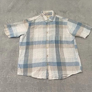 Tasso Elba Island Shirt Mens M Blue White Plaid Button Up Linen Blend Vacation - Picture 1 of 6
