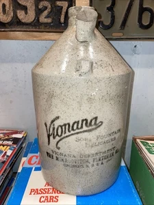 Super Old Crock Jug: Vionana Soda Fountain, Cincinnati OH Ohio - broken handle - Picture 1 of 6