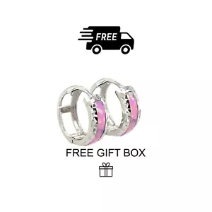 14k White Gold Light Pink Opal Huggie Hoop Earrings - Picture 1 of 2