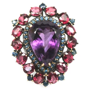 925 Argento Sterling Ametista Viola, Rodolite & Zaffiro Misura Anello 7.25 - Foto 1 di 4