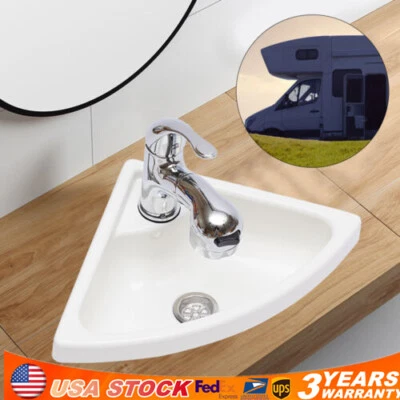 Boat Caravan Rv Camper Corner Vanity Sink White with Faucet Drain and Hose Kit - Image 1 of 4