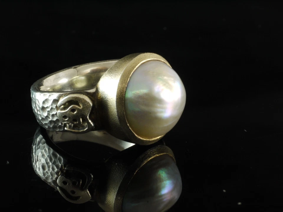 925 Sterlingsilber Ring mit hellgrauer Mabe Perle vergoldete Fassung Gr 55 - Bild 1 von 4