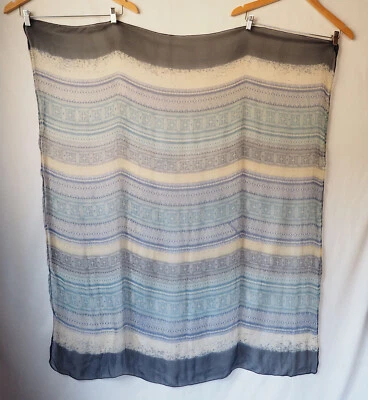 Large Silk Chiffon Crinkled Sheer Square Scarf Geo Stripe Print Blue Ecru 44x48 - Image 1 of 3