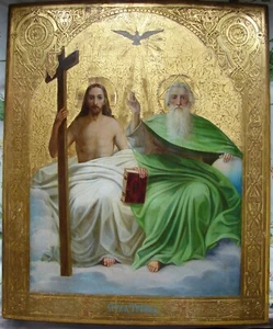 RARE 19c RUSSIAN BIG ICON OF NEW TESTAMENT TRINITY on GOLD - Picture 1 of 5