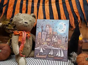 PRIMITIVE VINTAGE VOLKSKUNST STIL HALLOWEEN SEEHAFEN SCHIFFE PUMPKINS HÄUSER SCHILD - Bild 1 von 11