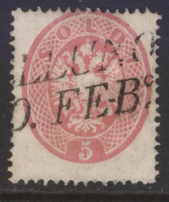 LOMBARDY-VENETIA 17 1863 5s ROSE PERF 14.0x14.0 COAT OF ARMS USED CV$37.50 - Image 1 of 2