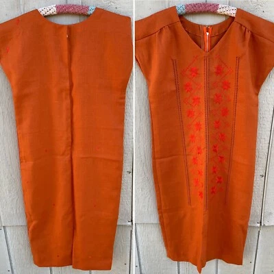 Vintage Embroidered Dress Talon Metal Zipper Linen Blend Peasant Hippy Boho - Image 1 of 4