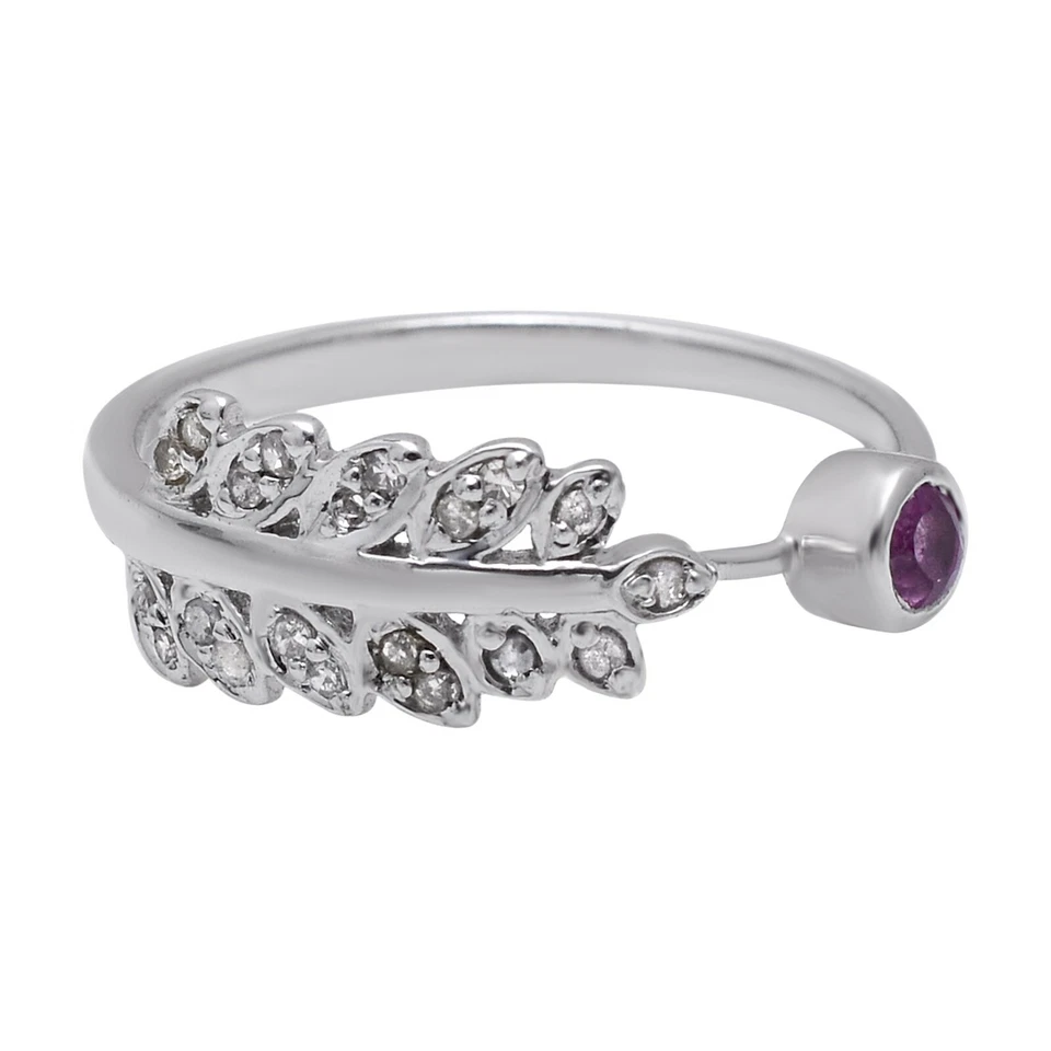 Silver 925 Adjustable Diamond & Ruby Feather Ring - Image 1 of 4