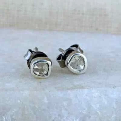 Natural Polki Diamond Stud 925 Sterling Silver Minimalist Dainty Stud Earring - Image 1 of 4