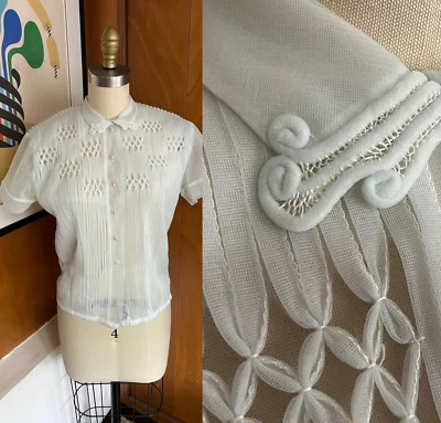 Blusa De Colección Transparente Debcraft Top Cuello Encaje Imitación Perlas Talla 34 S M Azul Claro Foto 1 de 4