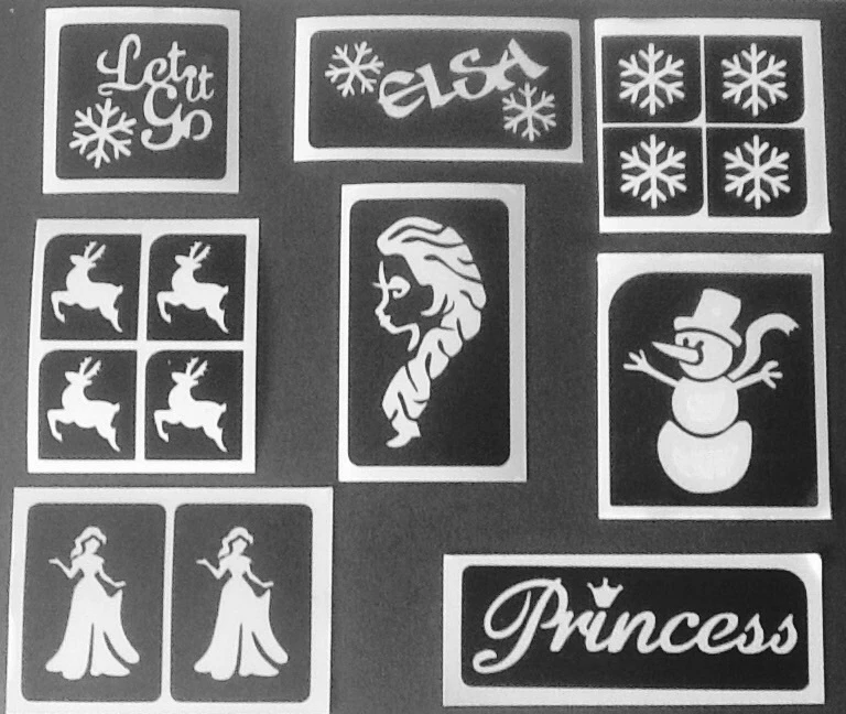 GLITZER TATTOO SCHABLONEN FROZEN ELSA OLAF LET IT GO PRINZESSIN STENCIL wiederverwendbar