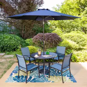 Outdoor Dining Set 6-Piece Metal Slat Round Table Chairs w/ Umbrella Patio Blue - Picture 1 of 12