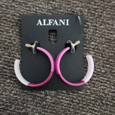 ALFANI C-HOOP MEDIUM COLOR-BLOCK PURPLE PINK ACETATE EARRINGS 1.38" NWT - Image 1 of 4