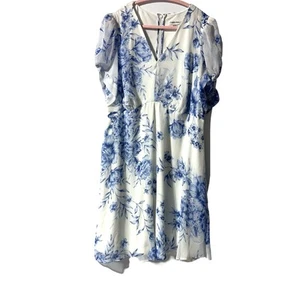 CALVIN KLEIN Dress Blue White Floral Lined Chiffon Twist Puff Sleeve Size 16W - Picture 1 of 13