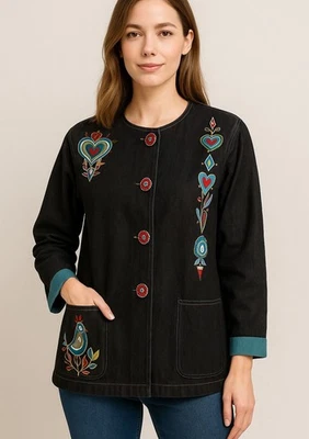 Chaqueta Artística Usable Bob Mackie Mediana Denim Bordada Arte Popular Botón Frontal Foto 1 de 4