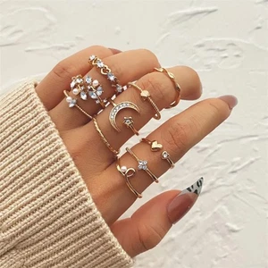 Womens Bohemian Gold Plated Crystal Rhinestone Stars Moon 10 Rings Per Set - Picture 1 of 14