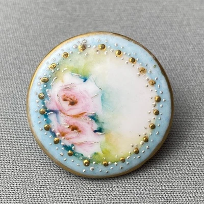Antique Porcelain Button Hand Painted Blue Gold Moriage Pink Roses  Lg 1 1/8" - Image 1 of 4