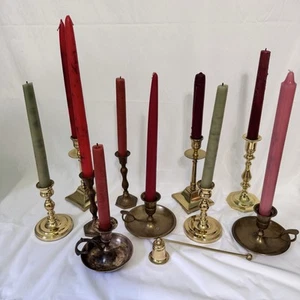 10 VTG Brass Candleholders For Weddings Formals Varied Size & Patinas + Snuffer - Picture 1 of 11