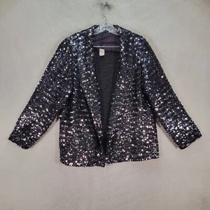 Vtg 70s Black Silver Sequin Coat Maximalist Jacket Womens Blazer Plus Size 18 - Picture 1 of 22