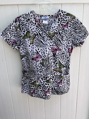 Женские скрабы SB XS белые и черные с многоцветным дизайном в виде бабочки - Изображение 1 из 3