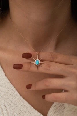 10K Rose Gold With Simulated Blue Opal Starburst Pendant Chain Necklace - Image 1 of 4