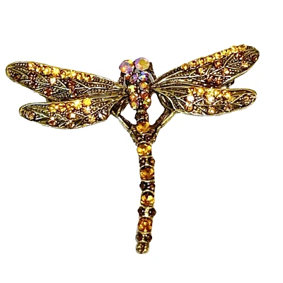 Dragonfly Brooch Yellow Topaz Colored Rhinestones Bronze Tone Metal Large Pin - Image 1 of 4