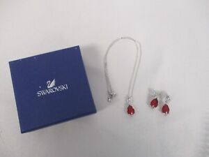 SIGNED SWAROVSKI LOUISON SCARLET RED w CRYSTALS NECKLACE & EARRINGS SET MIB