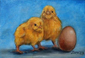 Cute Little Chicks Portrait Original Animalistic Oil Painting Unstretched Canvas - Picture 1 of 8