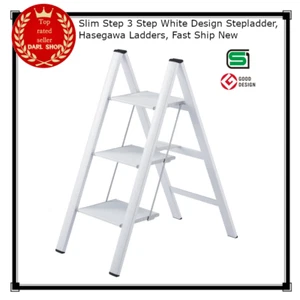 Slim Step 3 Step White Design Stepladder, Hasegawa Ladders, Fast Ship New - Picture 1 of 4