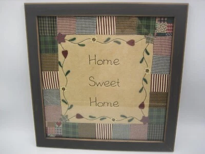 Primitive Home Sweet Home Picture Quilt Fabric Under Glass Wood Frame 18" x 18" - Image 1 of 4