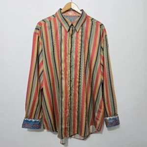 Robert Graham Mens Striped Button Up Shirt Sz 2XL Cotton Silk Trim Contrast Cuff - Picture 1 of 14