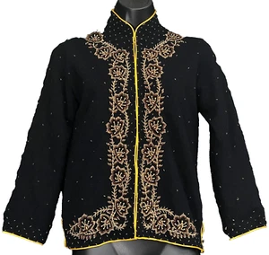 Vintage 1950s black beaded sweater, floral Angora wool cardigan top shirt gold M - Picture 1 of 8