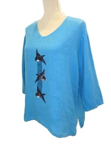 Top de lino Camisa azul Gorrión Pájaros Mujer M Artsy Match Point Hecho en EE. UU. - Imagen 1 de 12