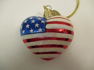Christopher Radko American Flag Brave Heart Christmas Ornament Glitter - Picture 1 of 4