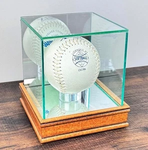 Softball Display Case Walnut Wood & Thick Glass USA Ball Holder Frame Cube Box - Picture 1 of 11