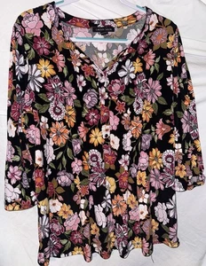 Blusa Carolyn Taylor 2X Floral Negra Multicolor Elastizada Cuello en V Manga 3/4 - Imagen 1 de 5