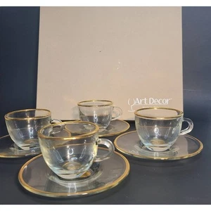 Art Decor Clear Glass Gold Rim Coffee Tea Cup and Saucer Set of 4 Made in Italy - Picture 1 of 13