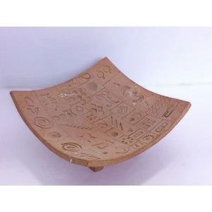 Vintage Cuneiform Hieroglyphs Style Clay Pottery Legged Dish Signed CLUM 2002 - Picture 1 of 13