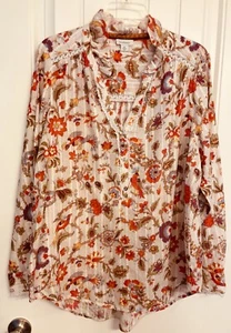 Sundance size XL floral long sleeve blouse ruffleV-neck 1/4 button Boho Prairie - Picture 1 of 9