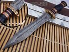 15" Damascus steel hunting Dagger knife, Engraved brass scale, Cow sheath