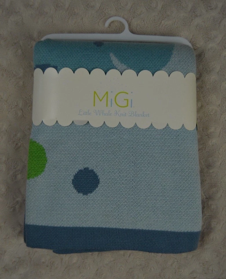 MiGi Little Whale Knit Baby Blanket Blue Green Security Lovey - Image 1 of 4