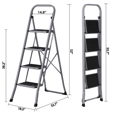 4 Step Ladder Folding Step Stool Sturdy Steel Ladder w/Wide Anti-Slip Pedal Gray - Image 1 of 4