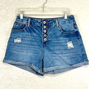 MISS LOOK Jean Shorts Womens L Button Fly Cuffed Destroyed Blue Denim Beachy - Picture 1 of 10