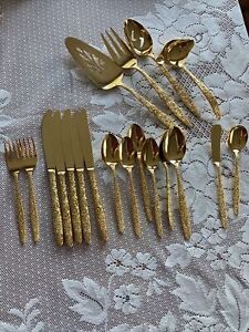 19 Stanley Roberts Bouquet Style Pieces of Gold Plated Stainless Flatware